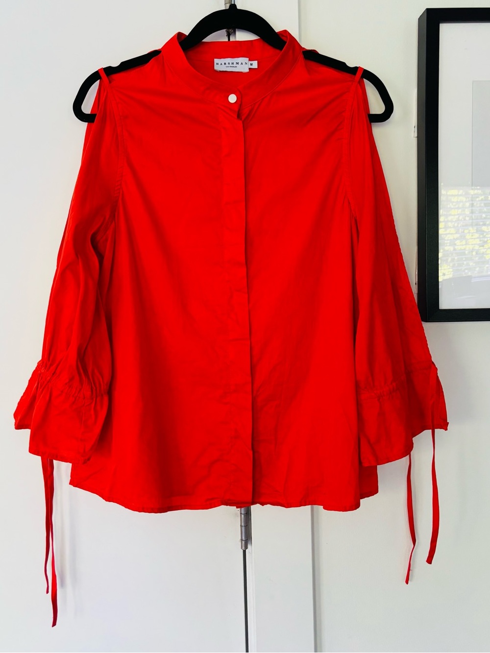 Harshman red tie sleeve cotton blouse cold shoulder size M